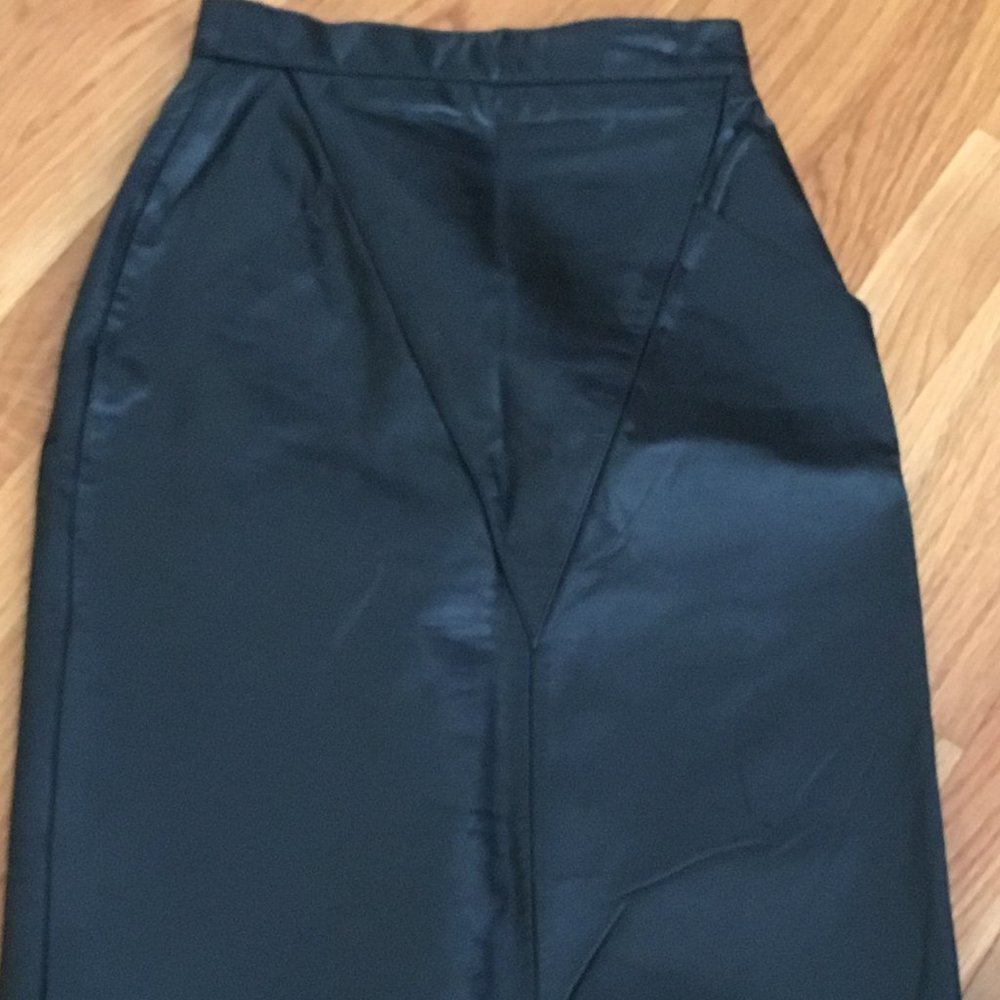 High Waisted Black Leather Skirt with Slit